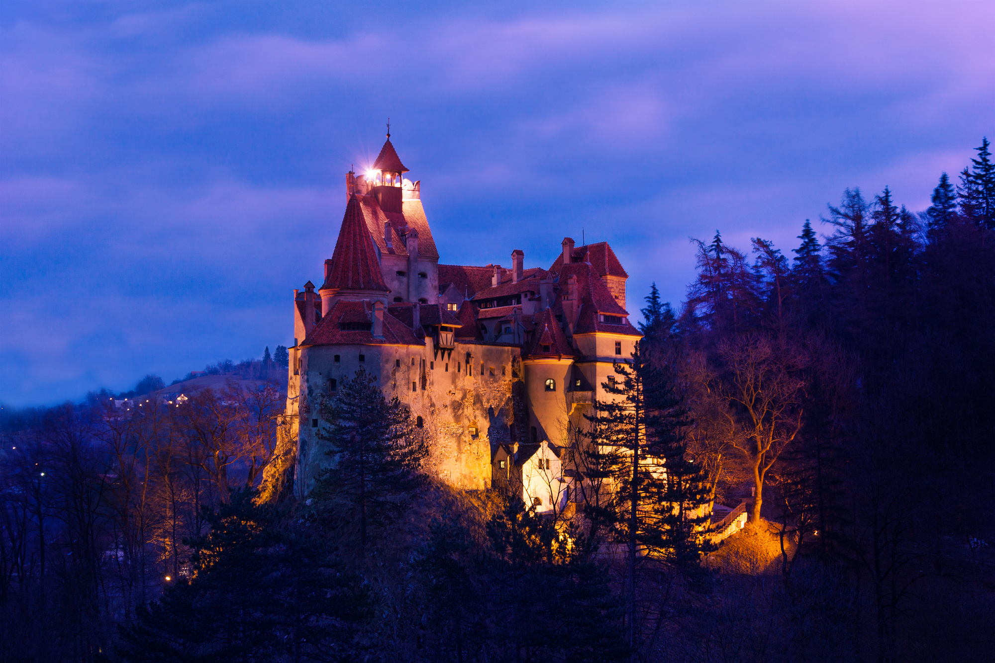 Dracula Castle with Lights at Night in Romania